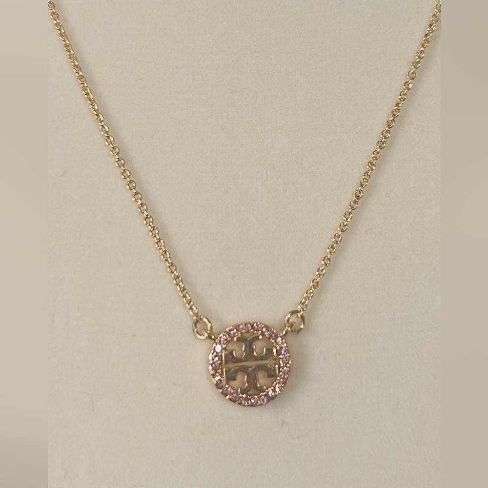 Tory Burch gold Miller and pink Pavé Pendant Necklace